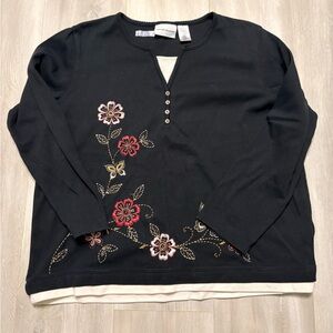 Alfred Dunner Black Floral Embroidered Long Sleeve Top
